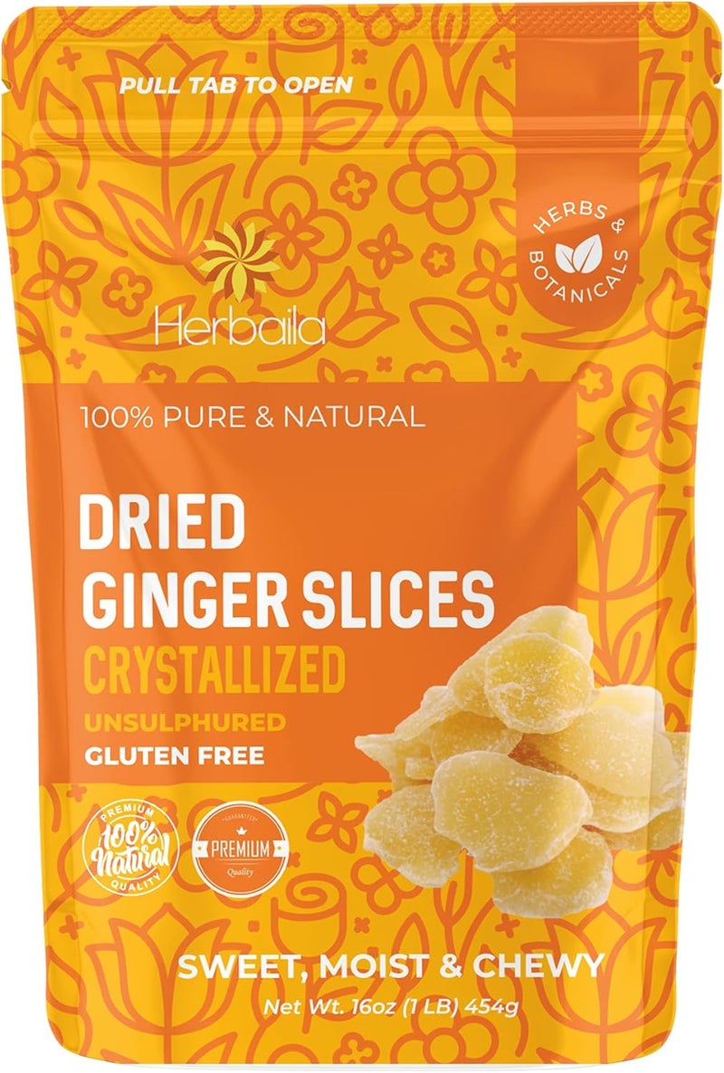 Herbaila Dried Crystallized Ginger Slices - 16 oz Unsulphured Ginger Candy - Image 1